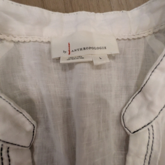 Anthropologie White Linen Puff Sleeve Low Cut Asymetrical Dress Size L - Picture 6 of 8